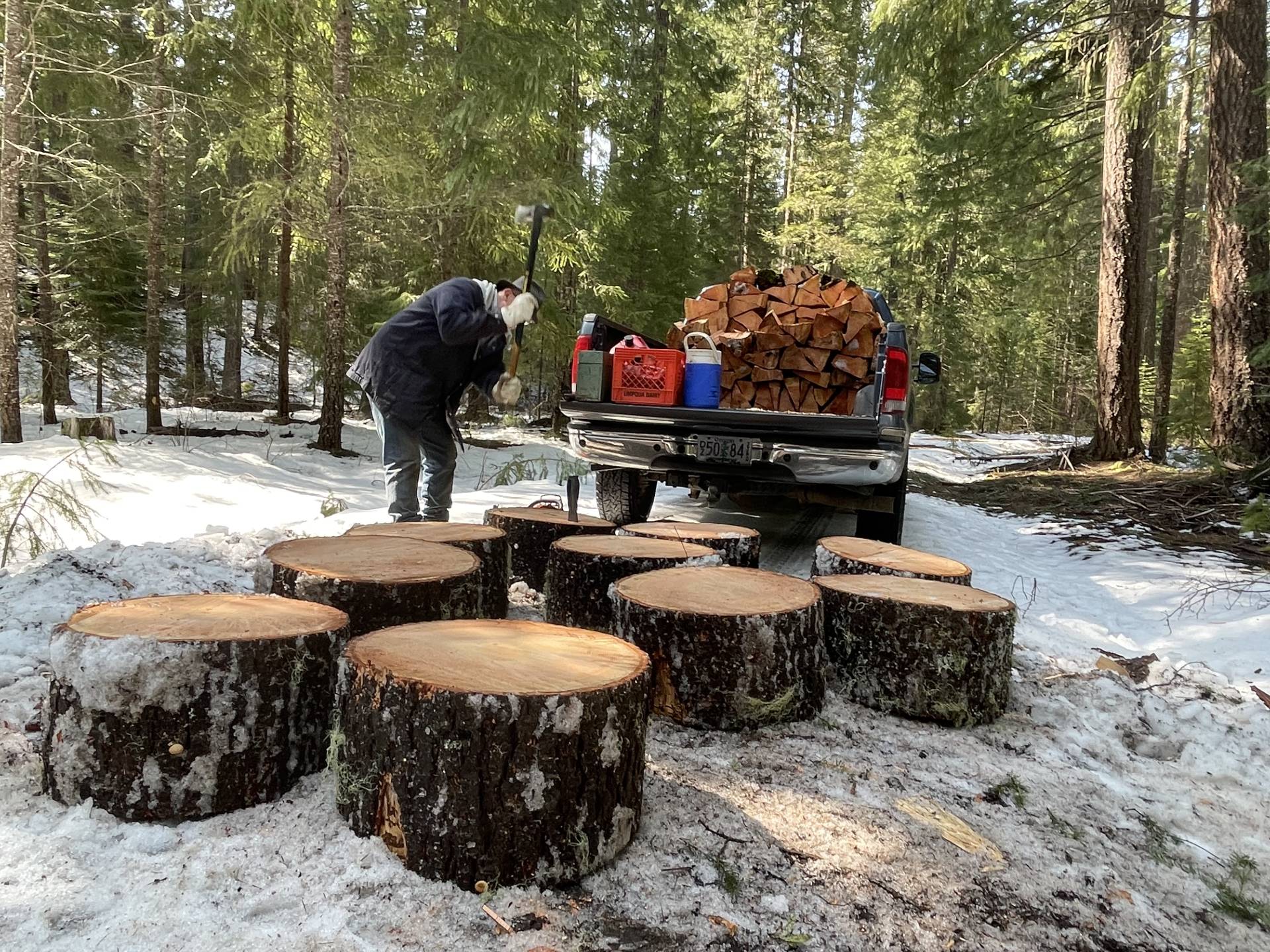 Sam splits Douglas fir rounds
