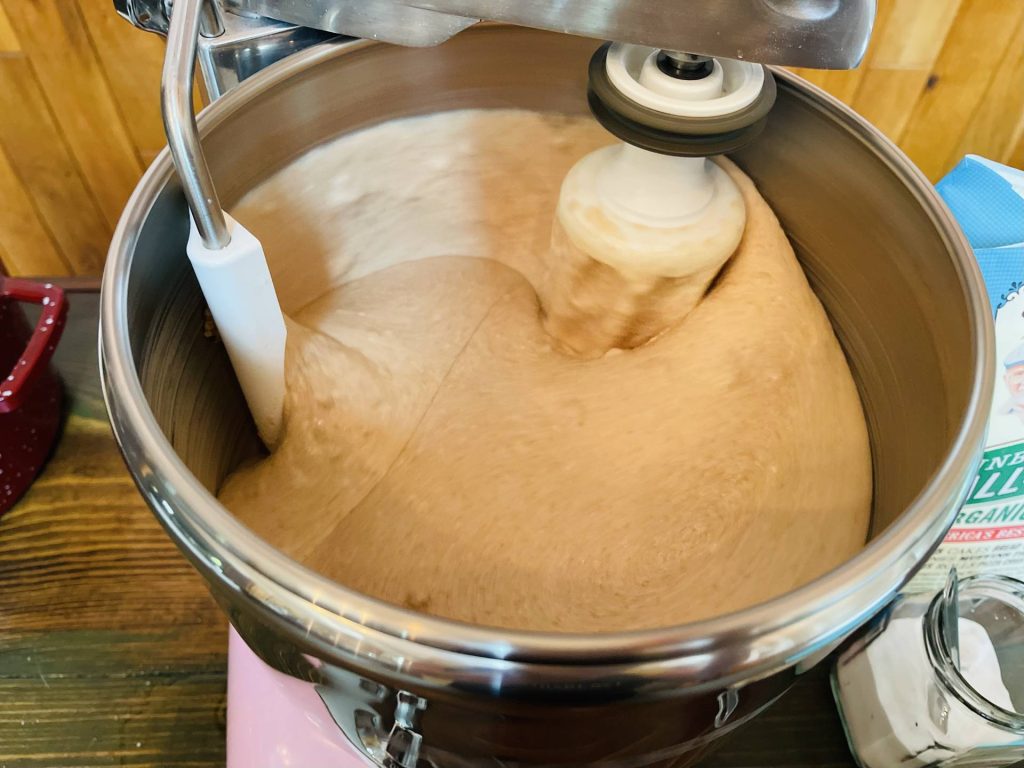 Ankarsrum Assistent mixing buttermilk bread dough