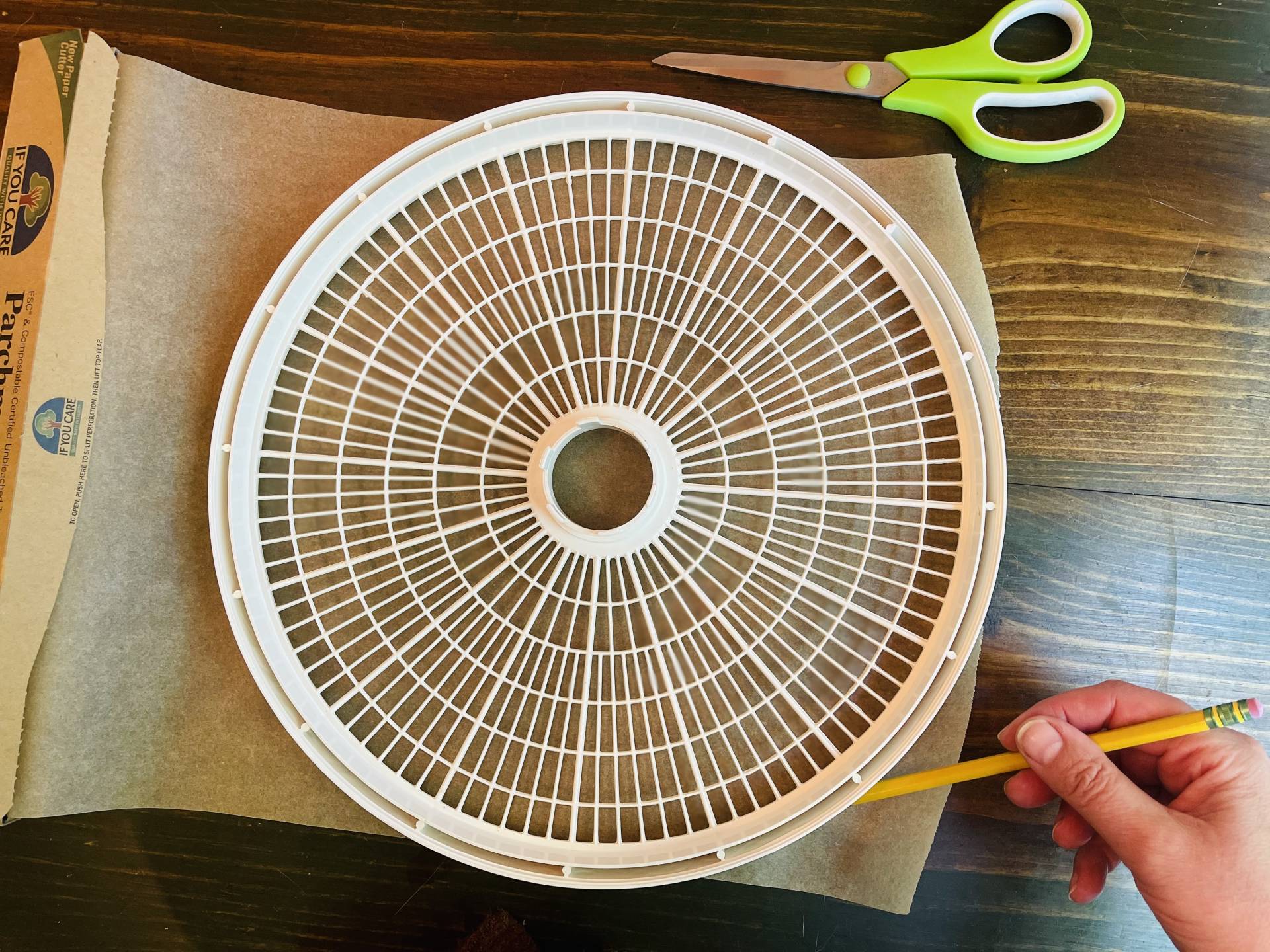 Round dehydrator tray with parchment