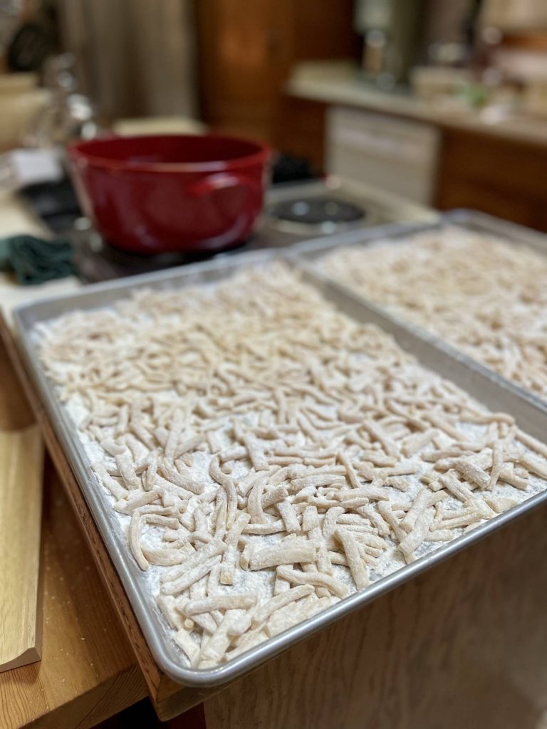 Knoephla spread on trays to freeze